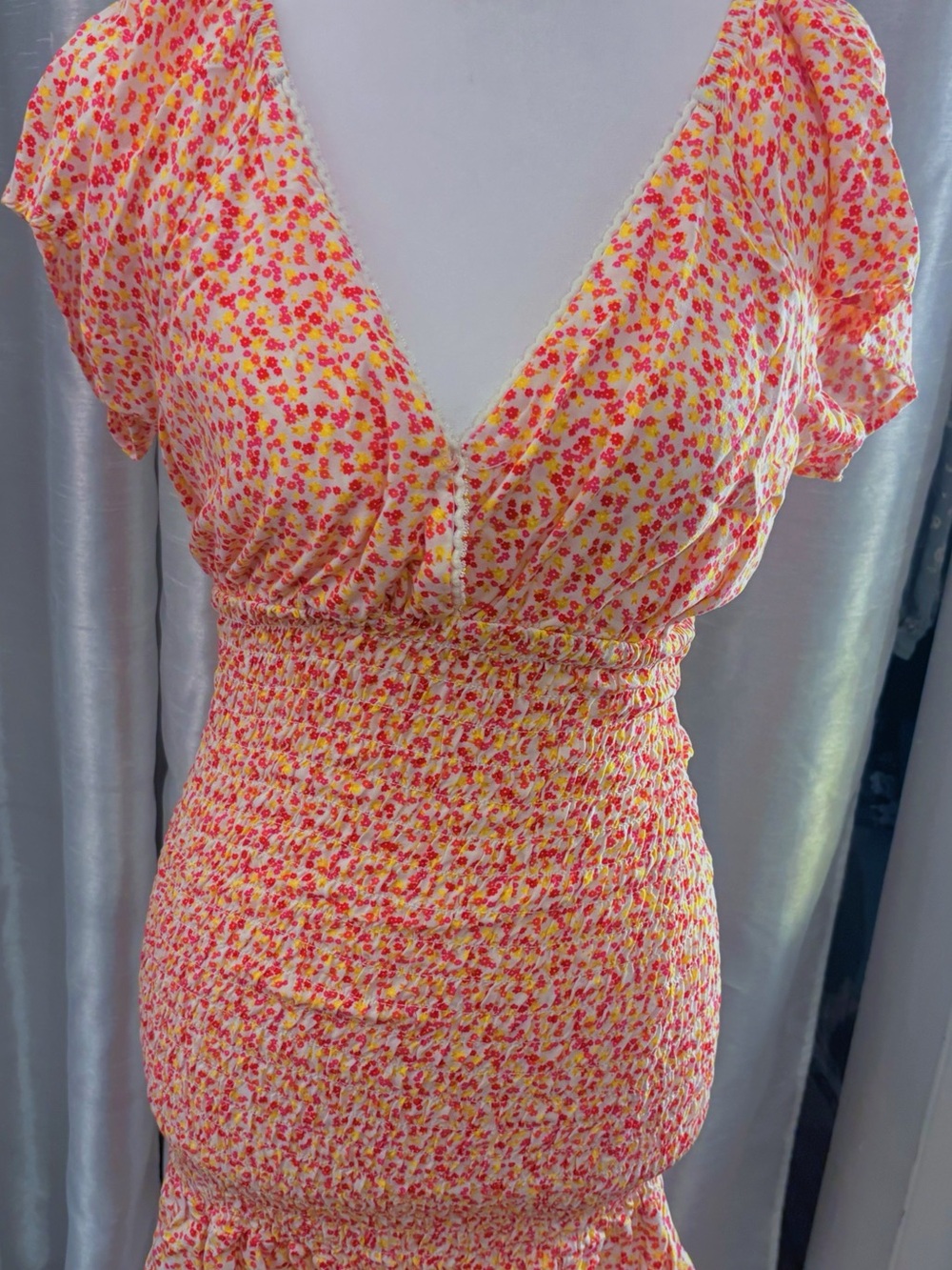 No Boundaries Pink & Yellow Smocked V-Neck Midi Dress